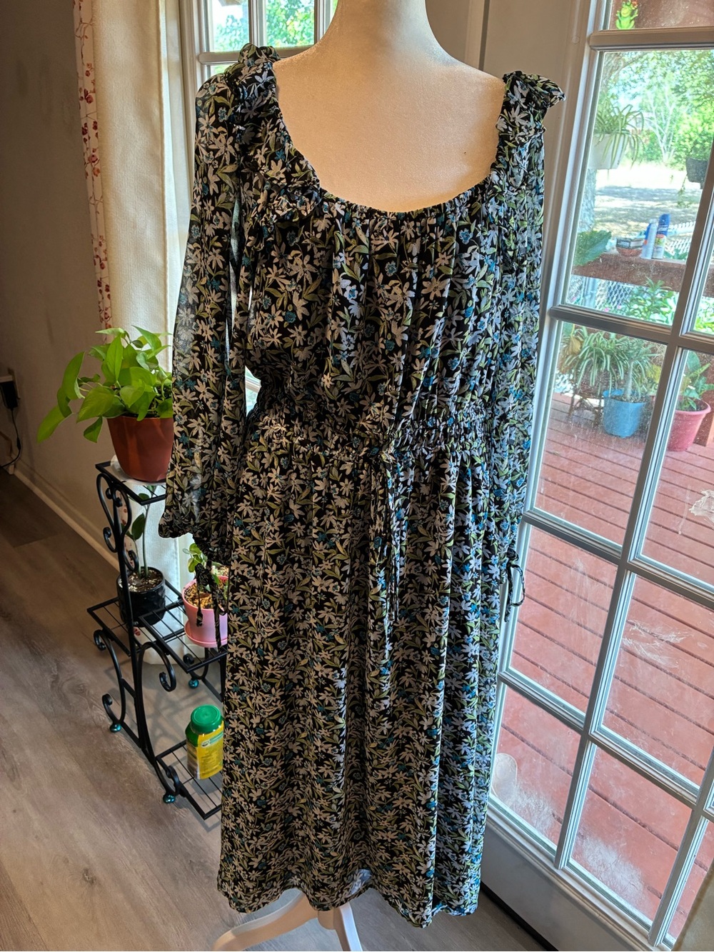 Black Floral Midi Dress with Smocked Waist and Ruffled Square Neckline